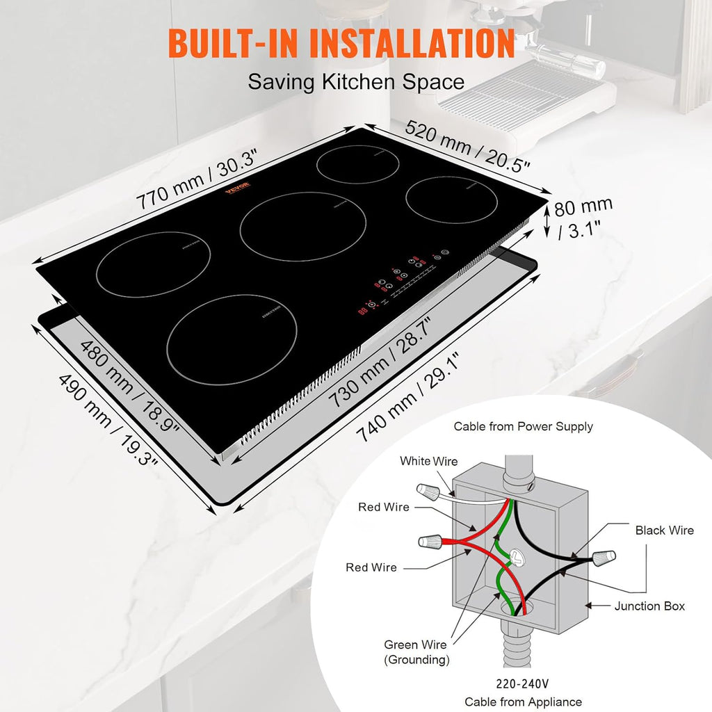 VEVOR Built-in Induction Electric Stove Top 30 Inch,5 Burners Electric Cooktop,9 Power Levels & Sensor Touch Control,Easy to Clean Ceramic Glass Surface,Child Safety Lock,240V