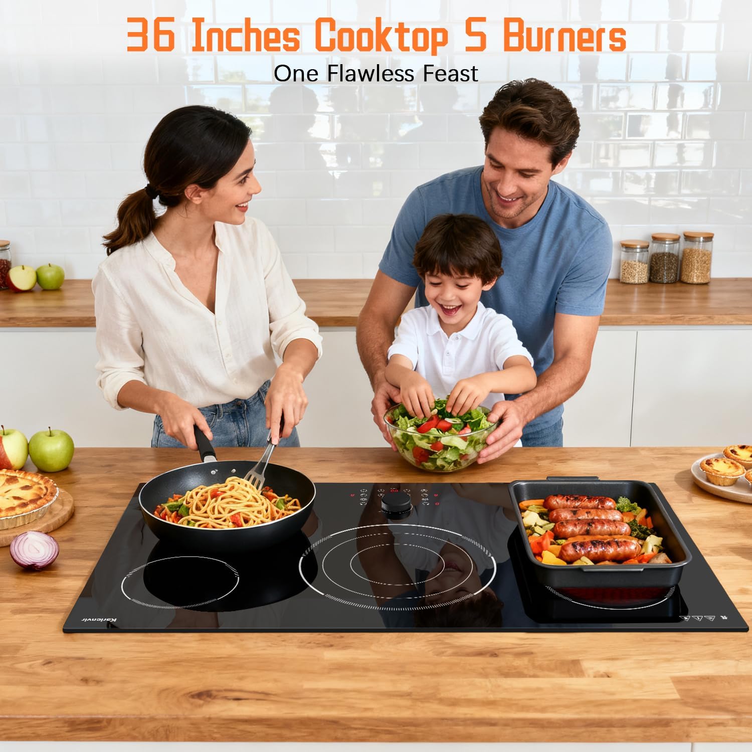 36 Inch Electric Cooktop, 5 Burner Stove Top 9600W, Built in Electric Cooktop 36', Magnetic Knob, Three-ring Burner & BBQ, Timer, Safety Lock, Pause, 220V-240V Hard Wire (No Plug)