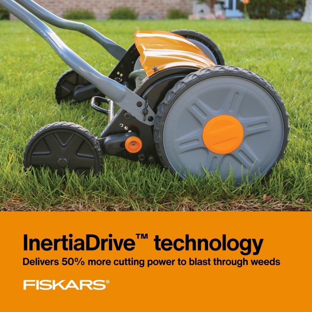 Fiskars Push Mower - 17' Cut Width Manual Reel Mower with No Motor - Grass Cutter with Steel Blades that Stay Sharp - Eco-Friendly Cordless Grass Trimmer for Lawn Care