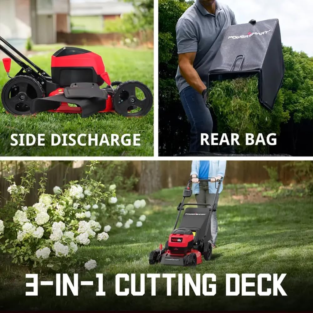 PowerSmart 17in Electric Lawn Mower 40V Cordless Mower with 4.0Ah Battery & Charge, Quiet, Lightweight, Foldable Handles