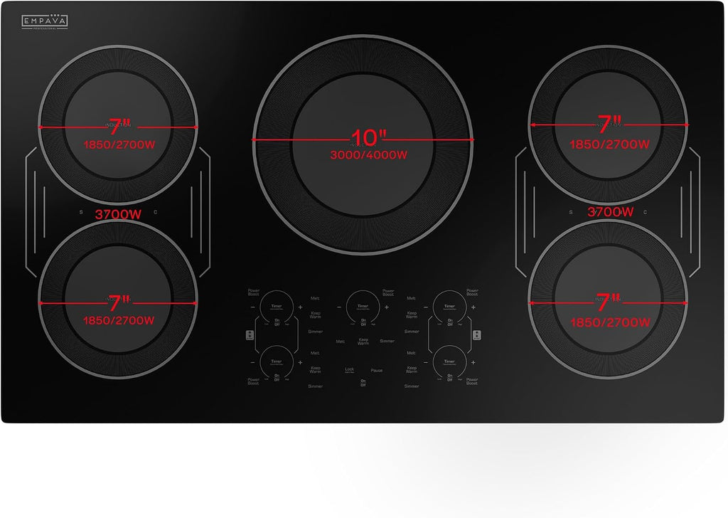 Empava Built-In Electric Induction Cooktop 36 Inch, Bridge-SYNC Element, Auto RapidHeat, 3 Preset Modes, Pan Sensor, Hardwired 208~240V, 50A, Black Vitro Ceramic Glass