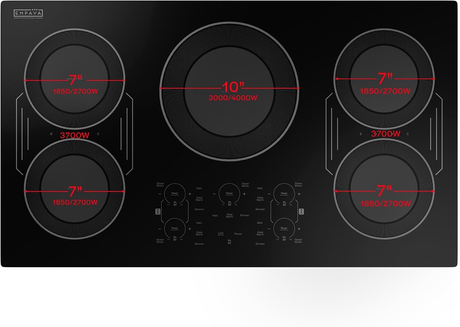 Empava Built-In Electric Induction Cooktop 36 Inch, Bridge-SYNC Element, Auto RapidHeat, 3 Preset Modes, Pan Sensor, Hardwired 208~240V, 50A, Black Vitro Ceramic Glass