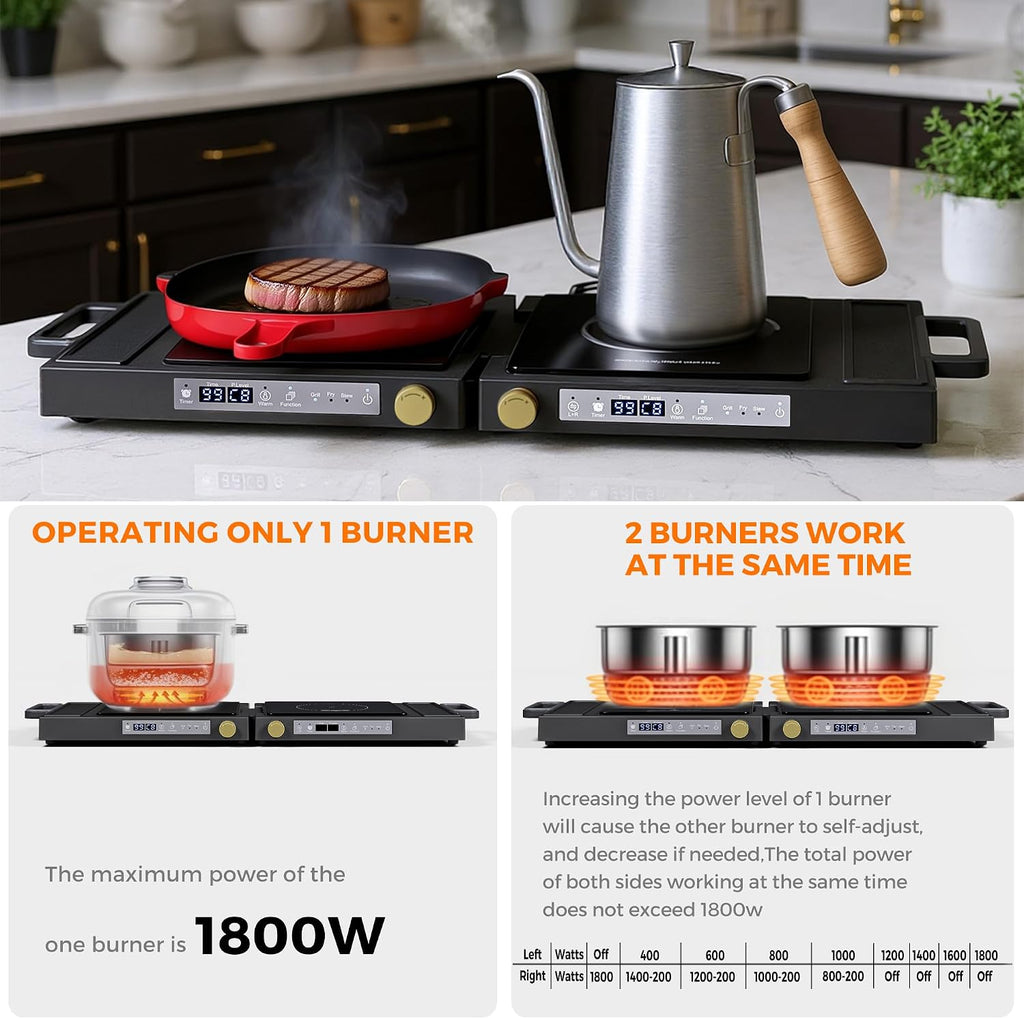 Double Induction Cooktop, 1800W Portable Dual Burner with 8 Power Levels, Sensor Touch Control & 99-Min Timer, Fold-n-Store Design for RV, Small Kitchen & Outdoor Cooking (gray-black)