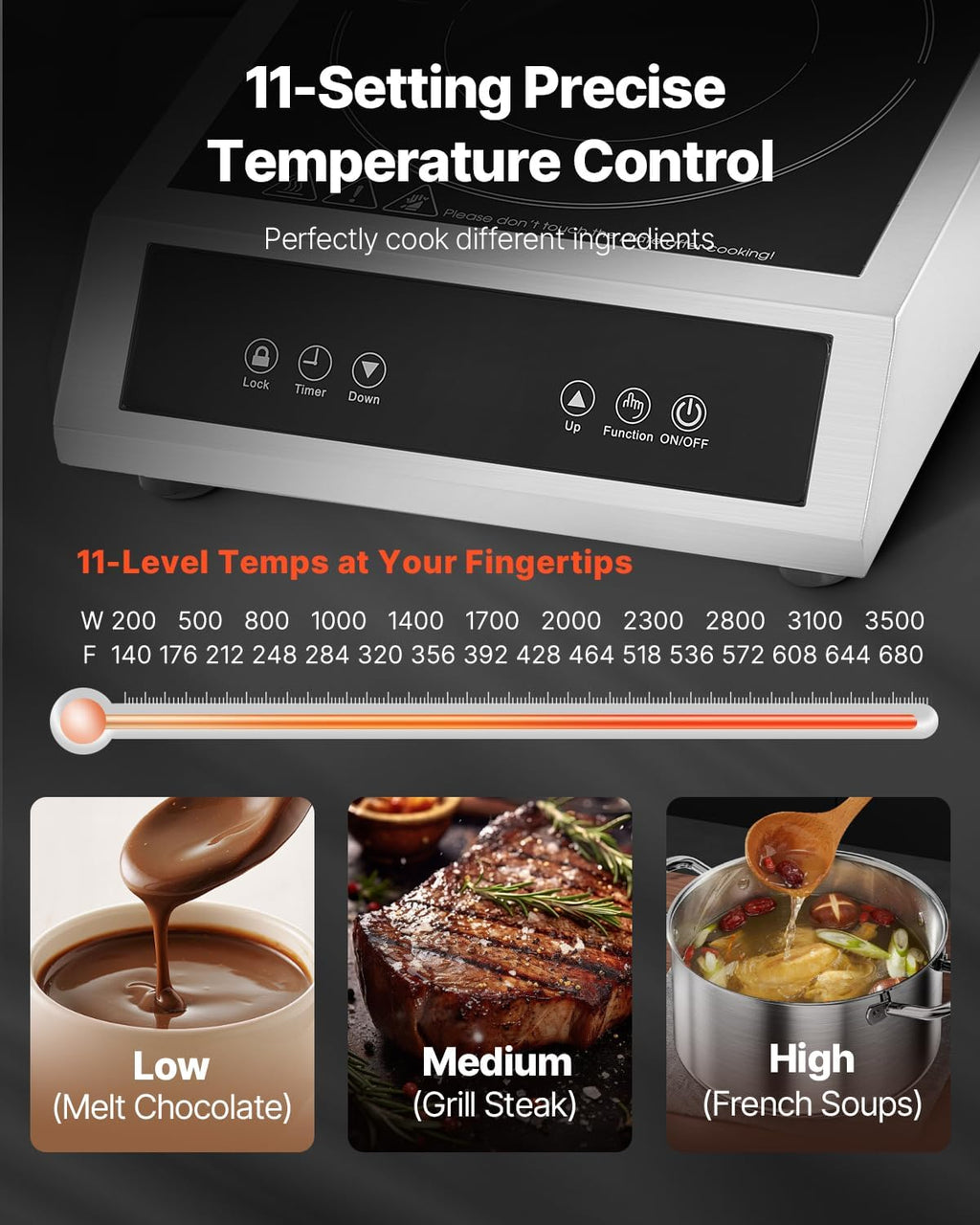 VEVOR Induction Cooktop, 3500W Commercial Induction Burner with 11-Level Temperature, Stainless Steel Countertop Induction Hot Plate with 3H Timer, Child Lock for Restaurant (6-15P Plug, 6-20R Outlet)