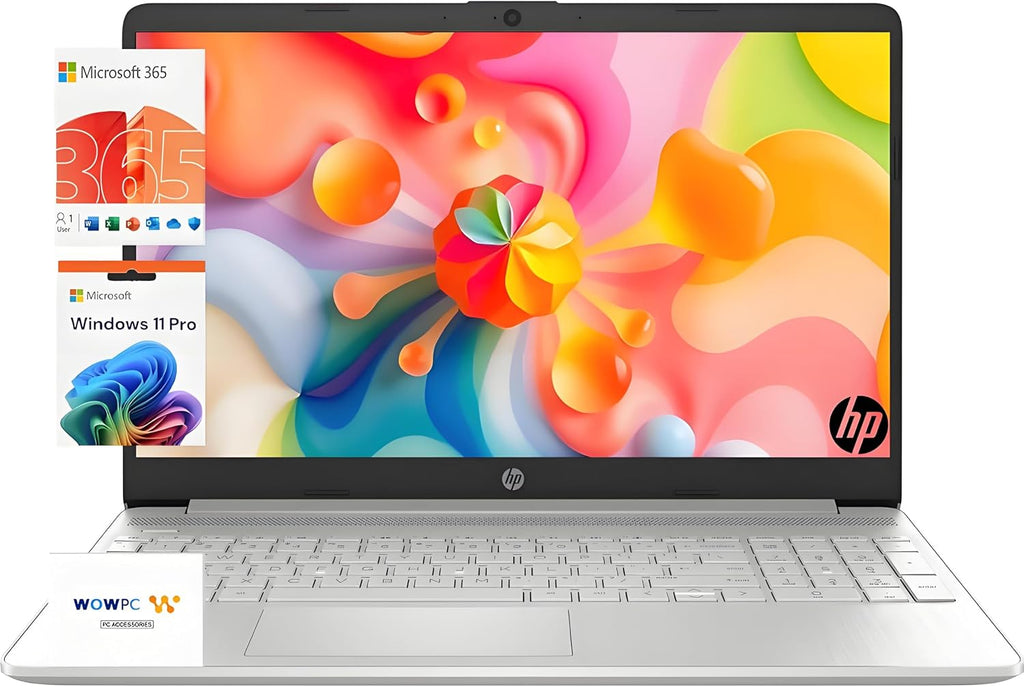 HP 15 inch Laptop for Home or Work, Intel 4-core Processor, 8GB RAM, 256GB SSD, 15.6' Micro Edge LED IPS Display, SD Card Reader, HDMI, Windows 11 Pro with Microsoft Office 365 Included, WOWPC USB