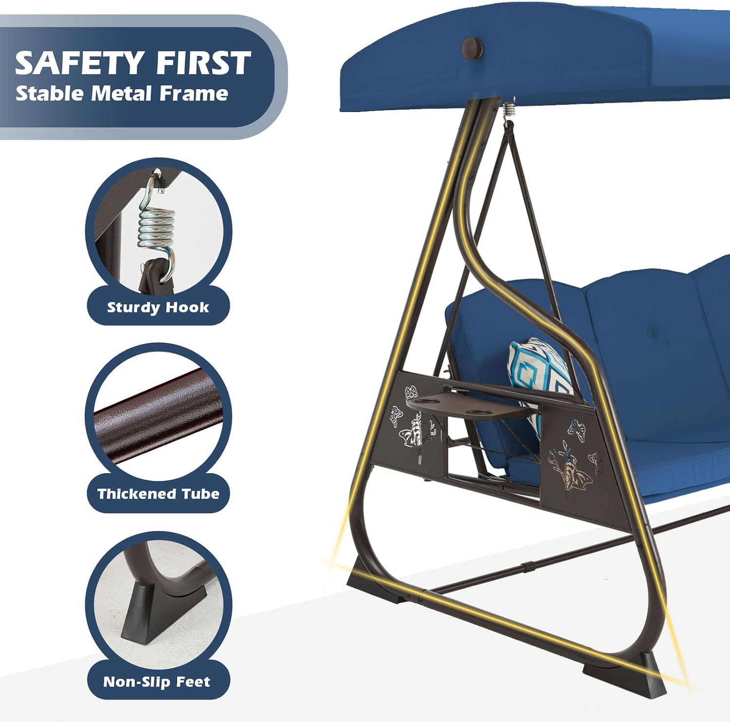 ZZW 3-Seat Patio Porch Swing 800LBS Outdoor Swing with Stand w/Canopy & Adjustable Backrest Patio Glider Chair w/Removable Pillows & Foldable Side Tray for Balcony Garden Deck (Blue)