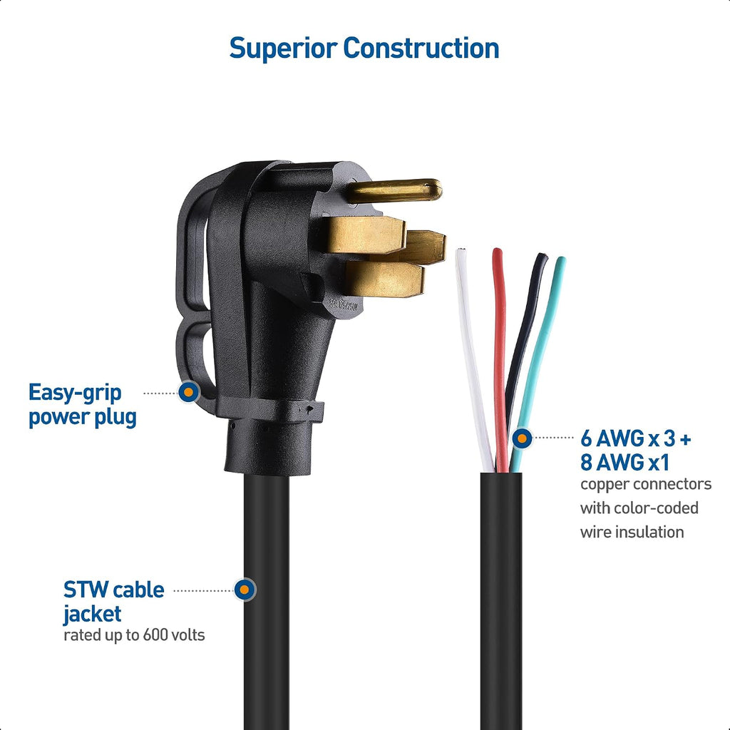 Cable Matters 4 Prong Replacement 50 AMP RV Power Cord - 25ft, 6/8 AWG, Generator Extension Cord, Compatible with Tesla Plug/EV Plug / J1772 Connector (NEMA 14-50P to 4 Wire)