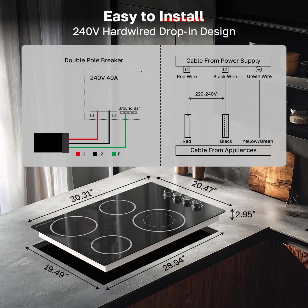 ThermoMate 30 Inch Electric Cooktop, 4 Burners Knob Control Built-in Ceramic Cooktop, 30' Radiant Electric Stove Top of 6700W with 9 Heat Levels, Hot Surface Indicator, 220-240v, Hard Wired