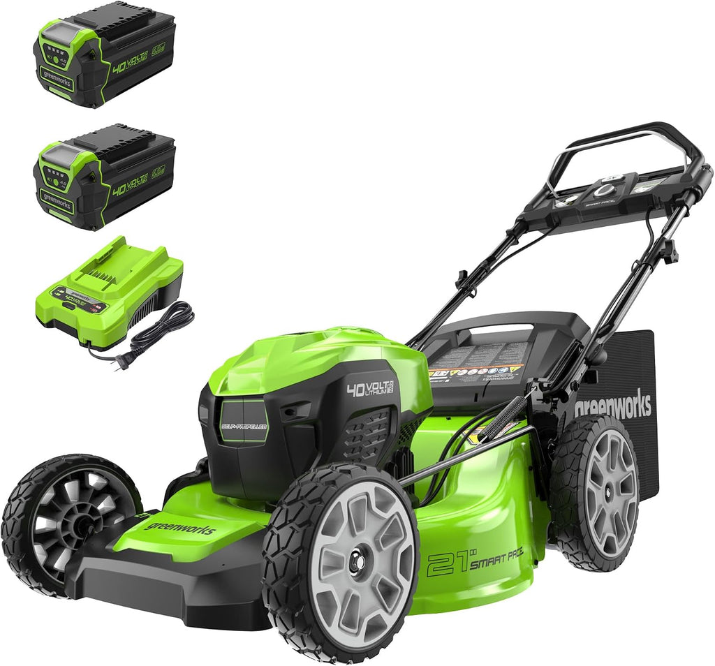 Greenworks 40V 21' Brushless Cordless (Smart Pace / Self-Propelled) Lawn Mower (75+ Compatible Tools), (2) 4.0Ah Batteries and Charger Included