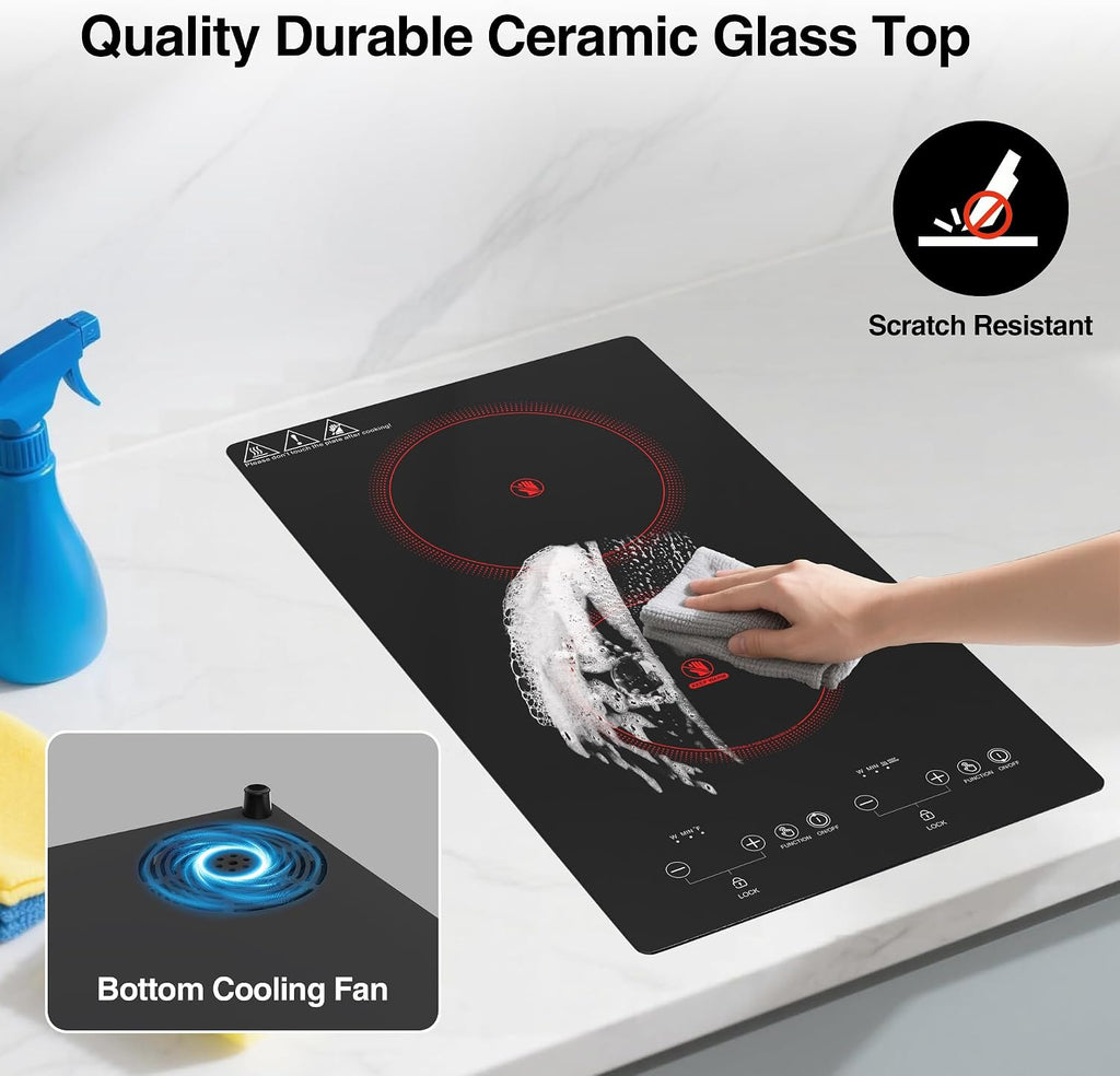 WABK Electric Cooktop 2 Burners, 12' Electric Stove Top with Plug in, Sensor Control Countertop & Built-in Ceramic Cooktop, Keep-Warm, 9 Heating Level, Timer, Child Lock, Compatible with All Cookware