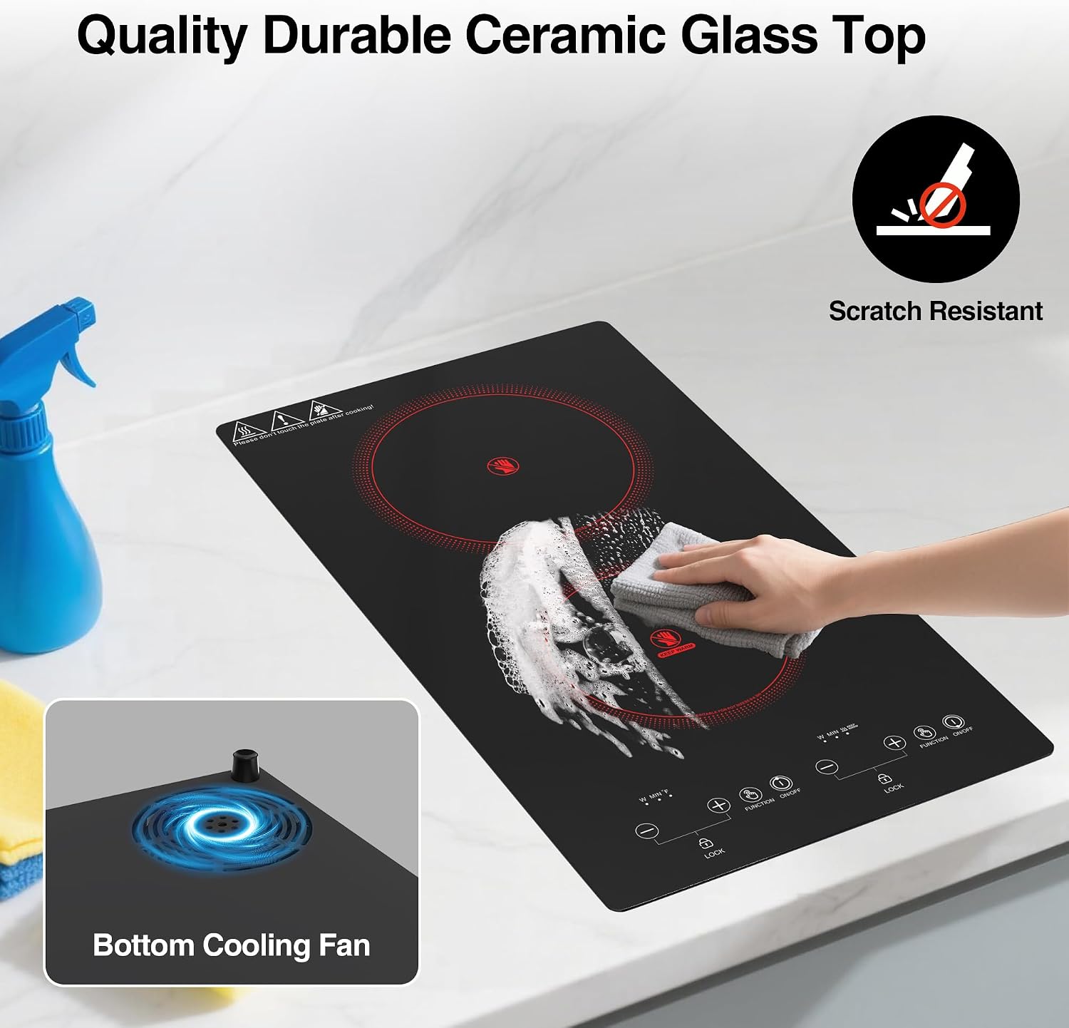 WABK Electric Cooktop 2 Burners, 12' Electric Stove Top with Plug in, Sensor Control Countertop & Built-in Ceramic Cooktop, Keep-Warm, 9 Heating Level, Timer, Child Lock, Compatible with All Cookware