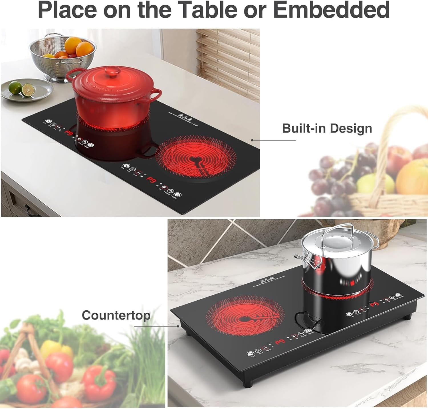 VBGK Electric cooktop,110V 24 inch 2 Burner Electric Cooktop,Built-in and Countertop Stove Top,2200W Stove,9 Power Levels, Kids Lock & Timer,LED touch control,Overheat Protection