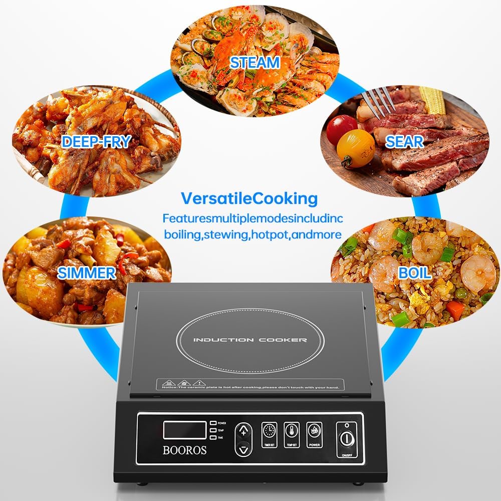 BOOROS Portable Induction Cooktop 1800W Induction Hot Plates for Countertop,8.66-Inch Dual Heating Coils,10 Temperature Levels 175-520°F (80-270°C),24-Hour Timer,Key Touch,Easy to Clean,Black,110V