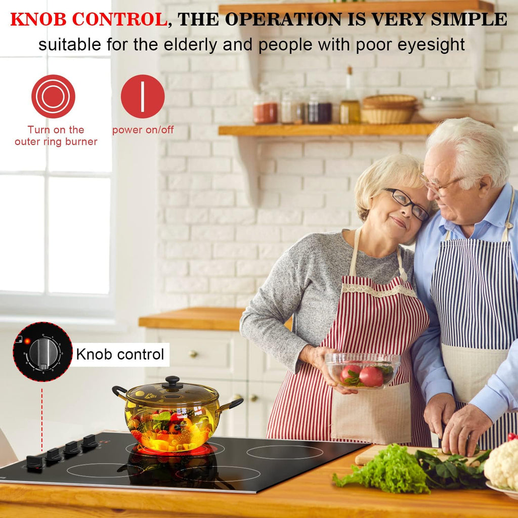 Karinear 30 Inch Electric Cooktop 4 Burners, Knob Control Built-in Ceramic Cooktop, 30' Radiant Electric Stove Top with Glass Protection Metal Frame,Hot Surface Indicator, 220-240v, Hard Wire, No Plug