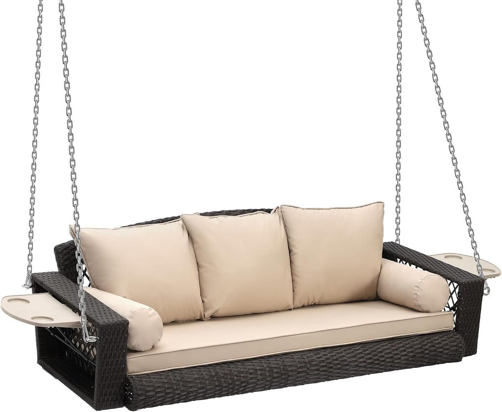 Grepatio 3 Person Porch Swing Patio Wicker Hanging Porch Swing Chair Outdoor Rattan Swing Bench with Cushion and Pillow for Garden, Yard, Lawn (Brown Rattan Khaki Cushion)