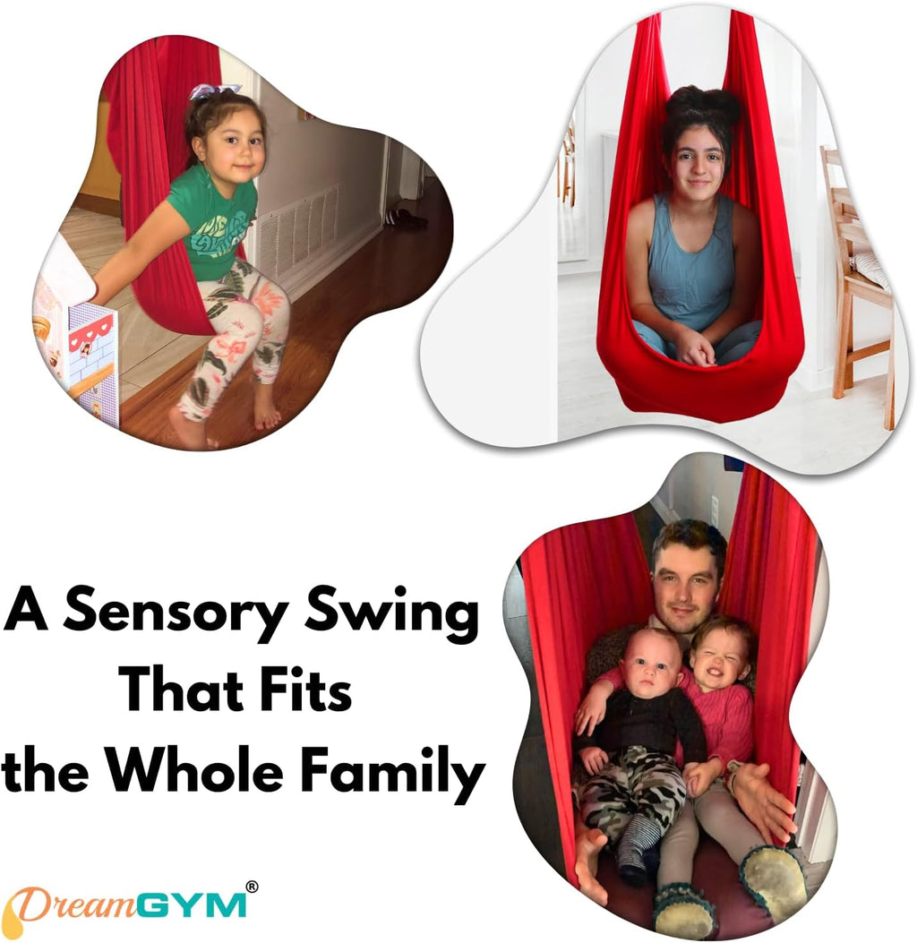 DreamGYM Doorway Sensory Swing - Supports 220lbs, Steel Bar Secured by Brackets - 95% Cotton Compression Swing for Self-Regulation (Red)