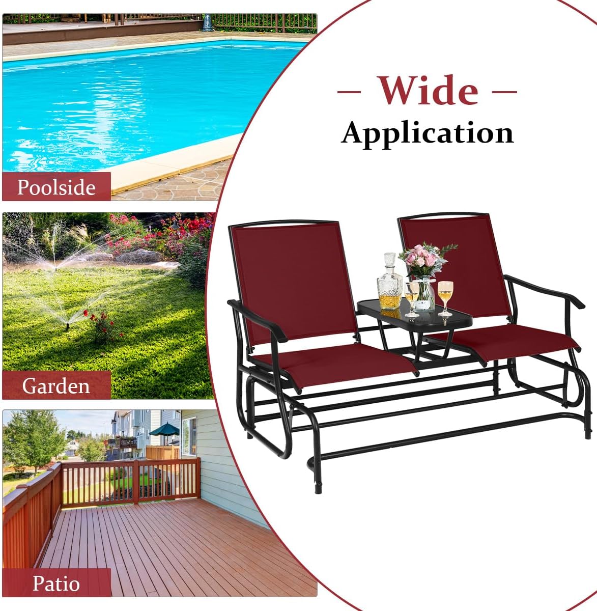 Giantex Outdoor Glider, Rocking Chair with Metal Frame, Center Tempered Glass Table, 2-Person Loveseat, Patio Glider Bench, Outside Swing Chair for Garden Yard Lawn Porch Patio Rocker (Burgundy)