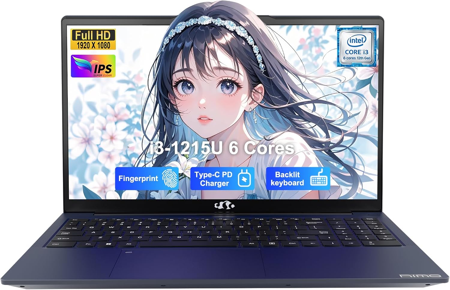 NIMO 15.6' IPS FHD-Student-Laptop, Intel 6 Cores I3-1215U (Up to 4.4GHz, Beats R5 7520U) 8GB RAM 128GB SSDComputer with 65W Type C Backlit Keyboard Fingerprint, for Home and Business