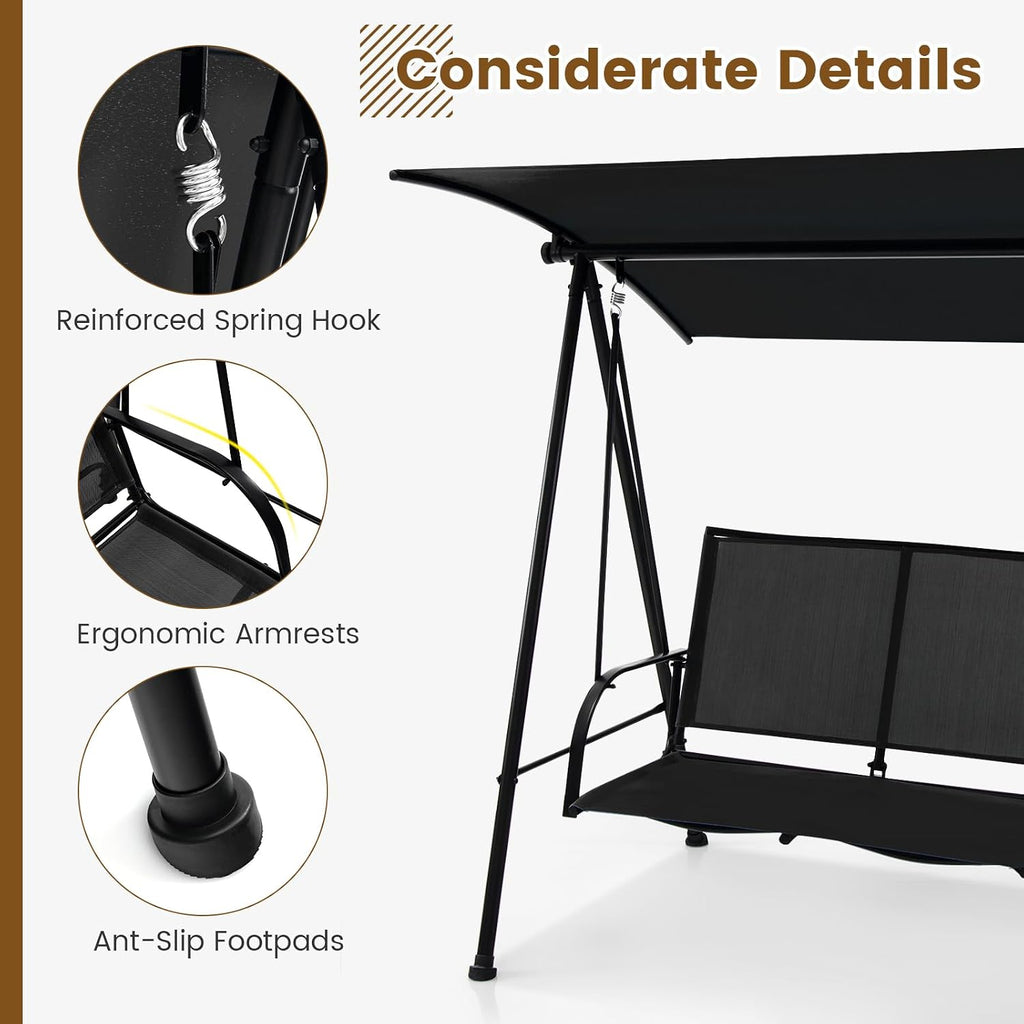 HAPPYGRILL 2-Person Outdoor Swing with Canopy, Patio Porch Swing Chair with Heavy-Duty Metal Frame, Breathable Seat Fabric, Patio Loveseat Swing for Backyard, Balcony, Poolside
