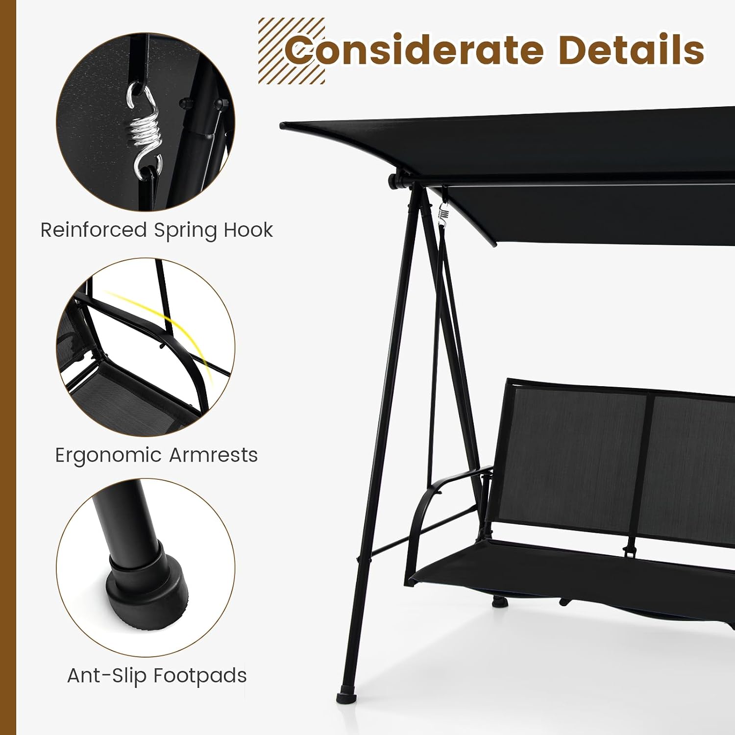 HAPPYGRILL 2-Person Outdoor Swing with Canopy, Patio Porch Swing Chair with Heavy-Duty Metal Frame, Breathable Seat Fabric, Patio Loveseat Swing for Backyard, Balcony, Poolside