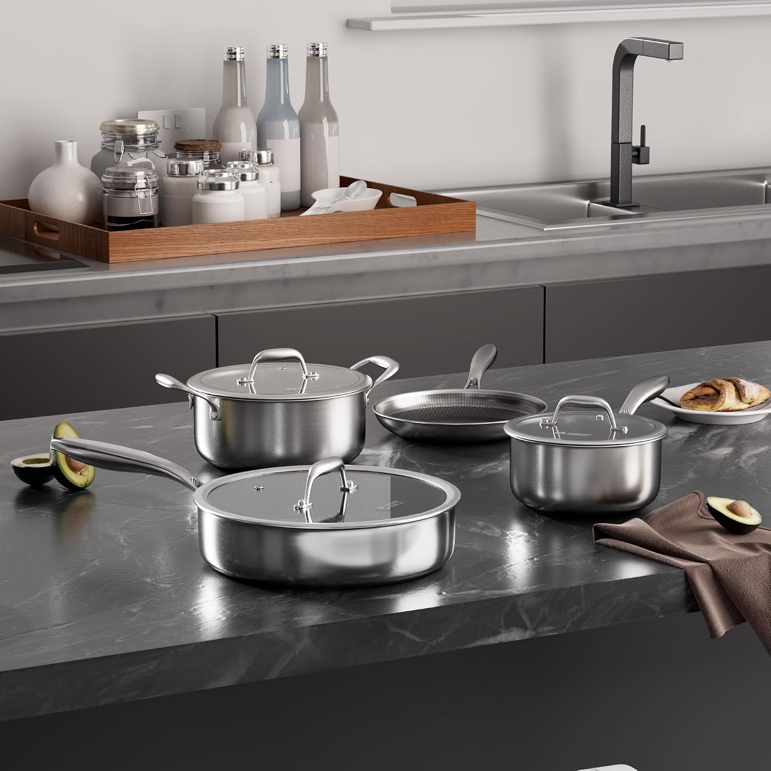 COOKER KING 7 PCS Stainless Steel Cookware Set, Pots and Pans Set Non Stick, Hybrid Cookware,Non-Stick Frying Pan, Saucepan, Saute Pan & Stockpot, Non-Toxic, Oven Safe, Induction Compatible