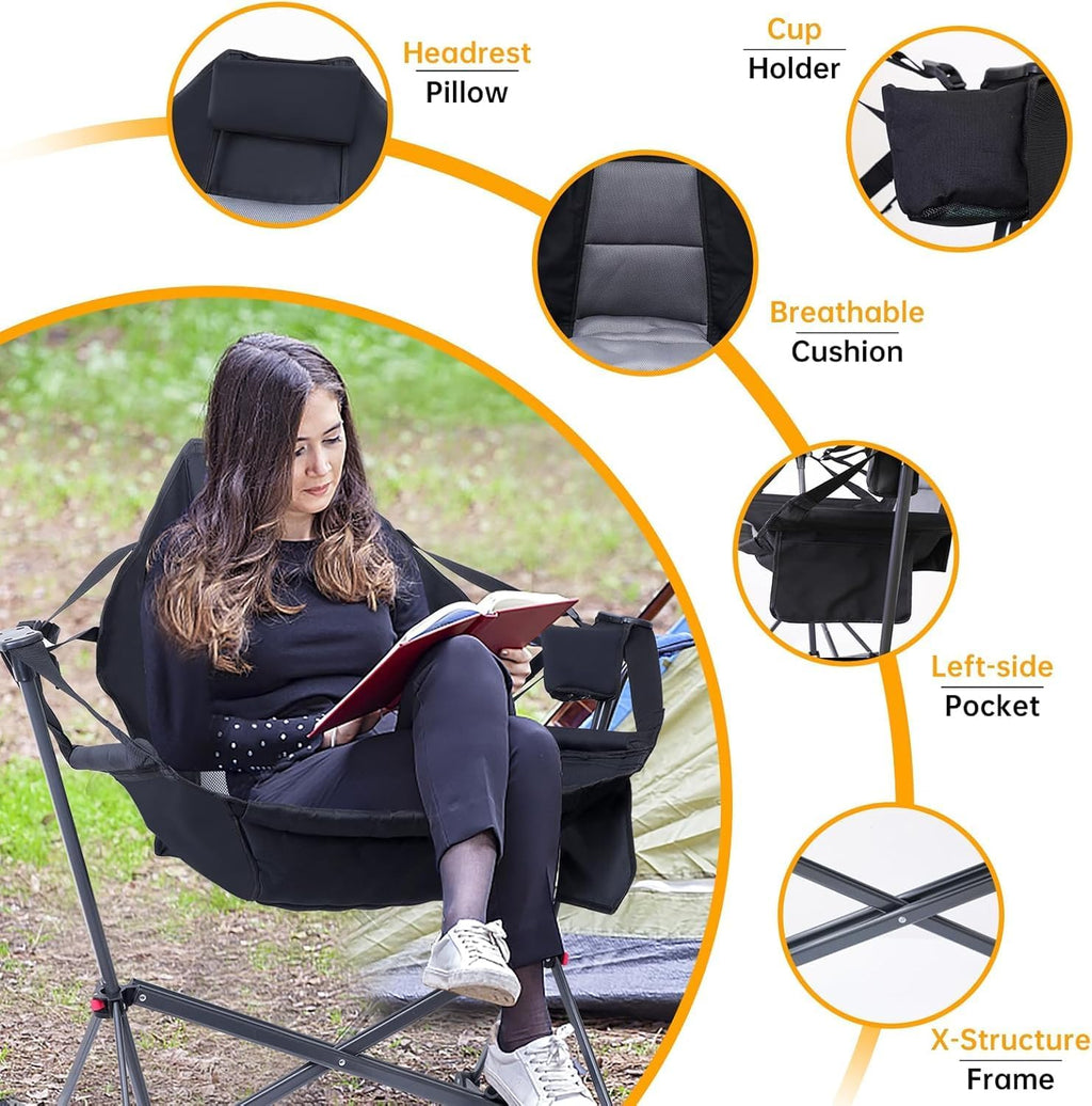 Hammock Chair, Camping Rocking Chairs, Swing Hammock Chair, Adjustable Back, Portable, with Cup Holder, Pillow, and Carry Bag for Camping, Outdoor, Patio (2)