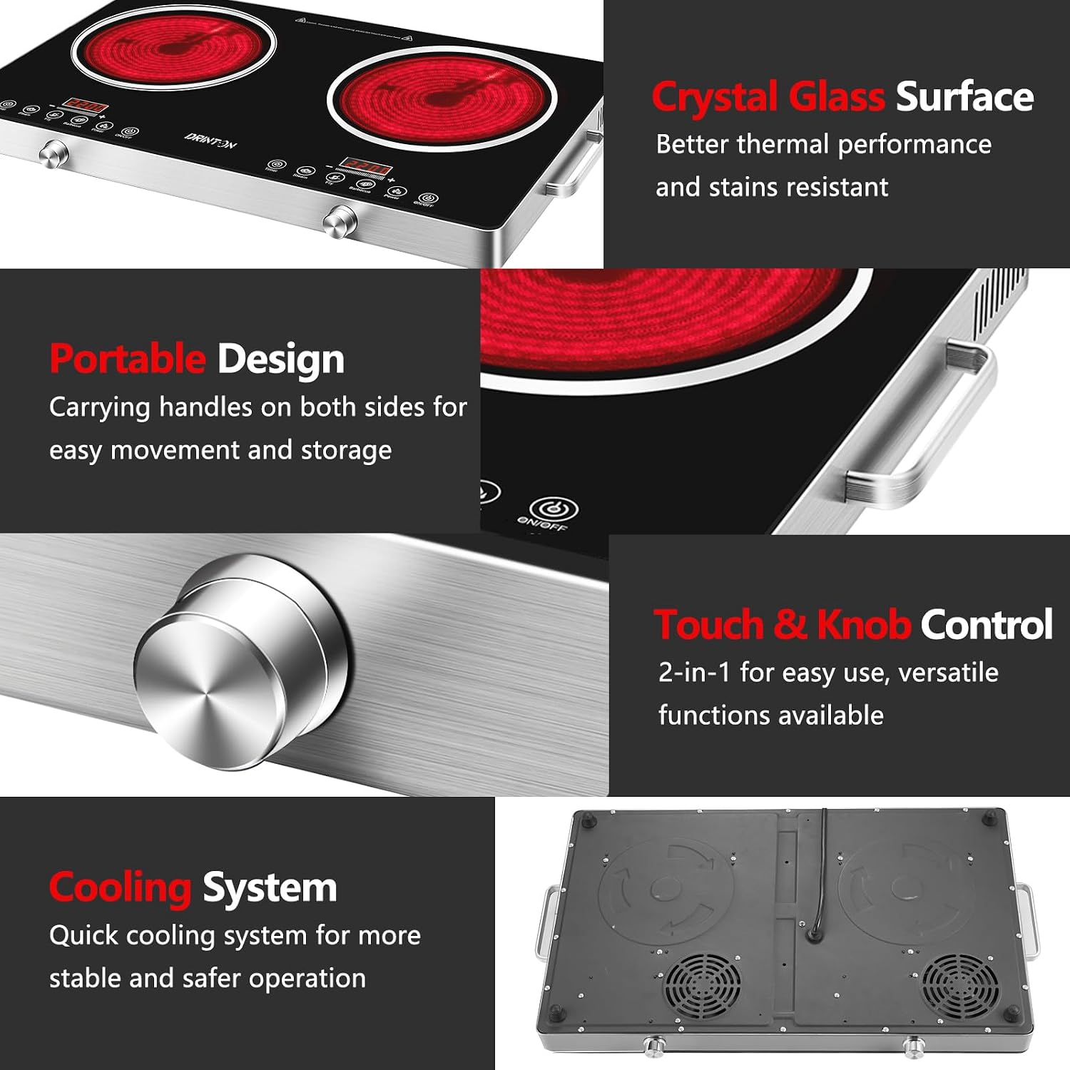 2 Burner Electric Cooktop, 2200W+2200W 110V Electric Double Burner with 3H Timer, Adjustable Temperature for Countertop Cooking, Portable Stove Top Infrared Cooker, Compatible for All Cookware
