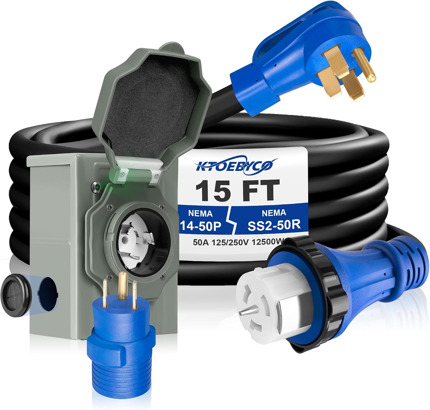 50 Amp Generator Cord and Inlet Box Combo Kit, 15FT NEMA 14-50P to SS2-50R Cord, Pre-Drilled Inlet Box, Waterproof, UL & ETL Listed