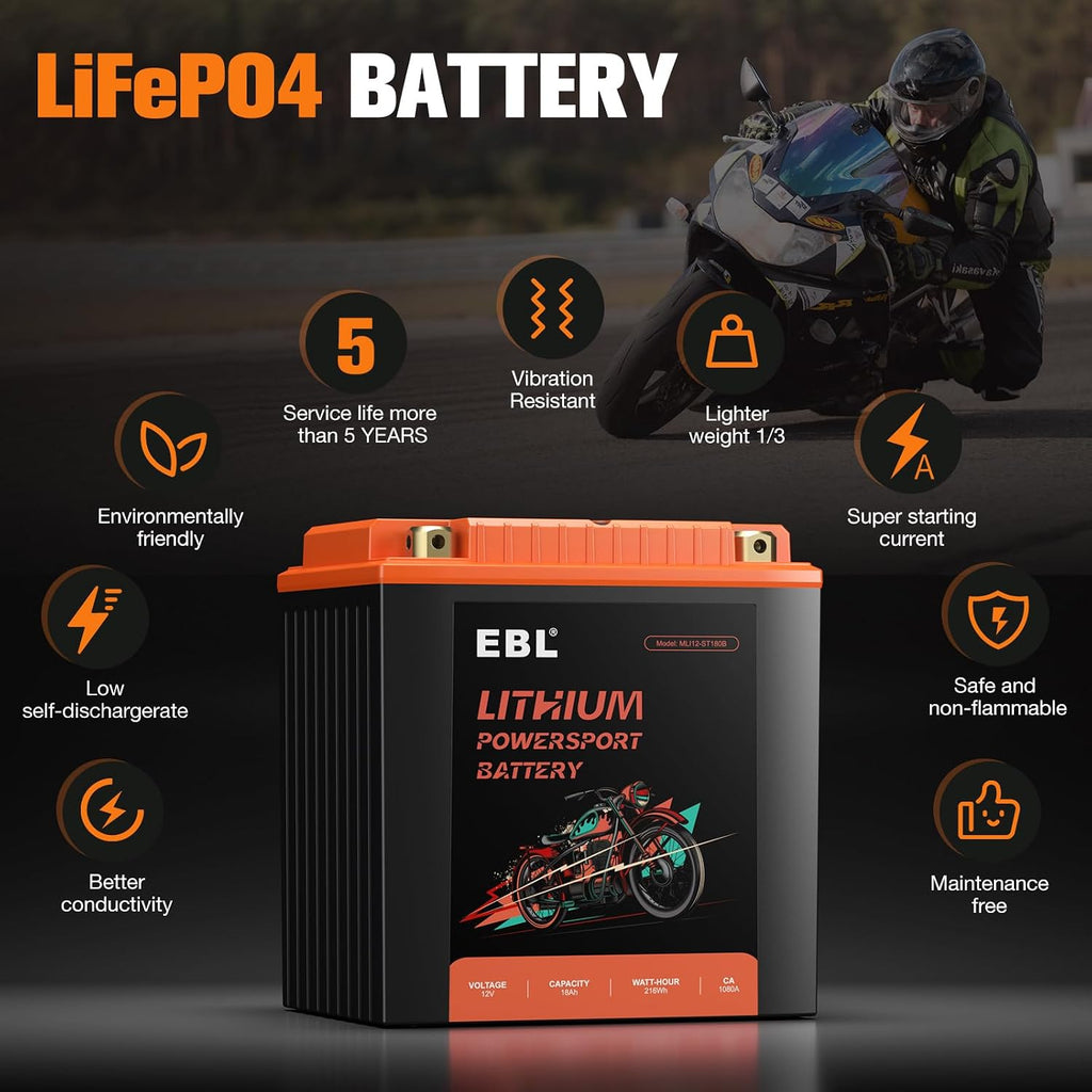 EBL Lithium YTX30L-BS, 540CCA Lithium LiFePO4 Motorcycle Battery, 12V 18Ah ATV, UTV, Jet Ski, 4 Wheeler, Quad, Riding Lawn Mower, Tractor, Scooter, PWC, Seadoo, Polaris and Generator Battery