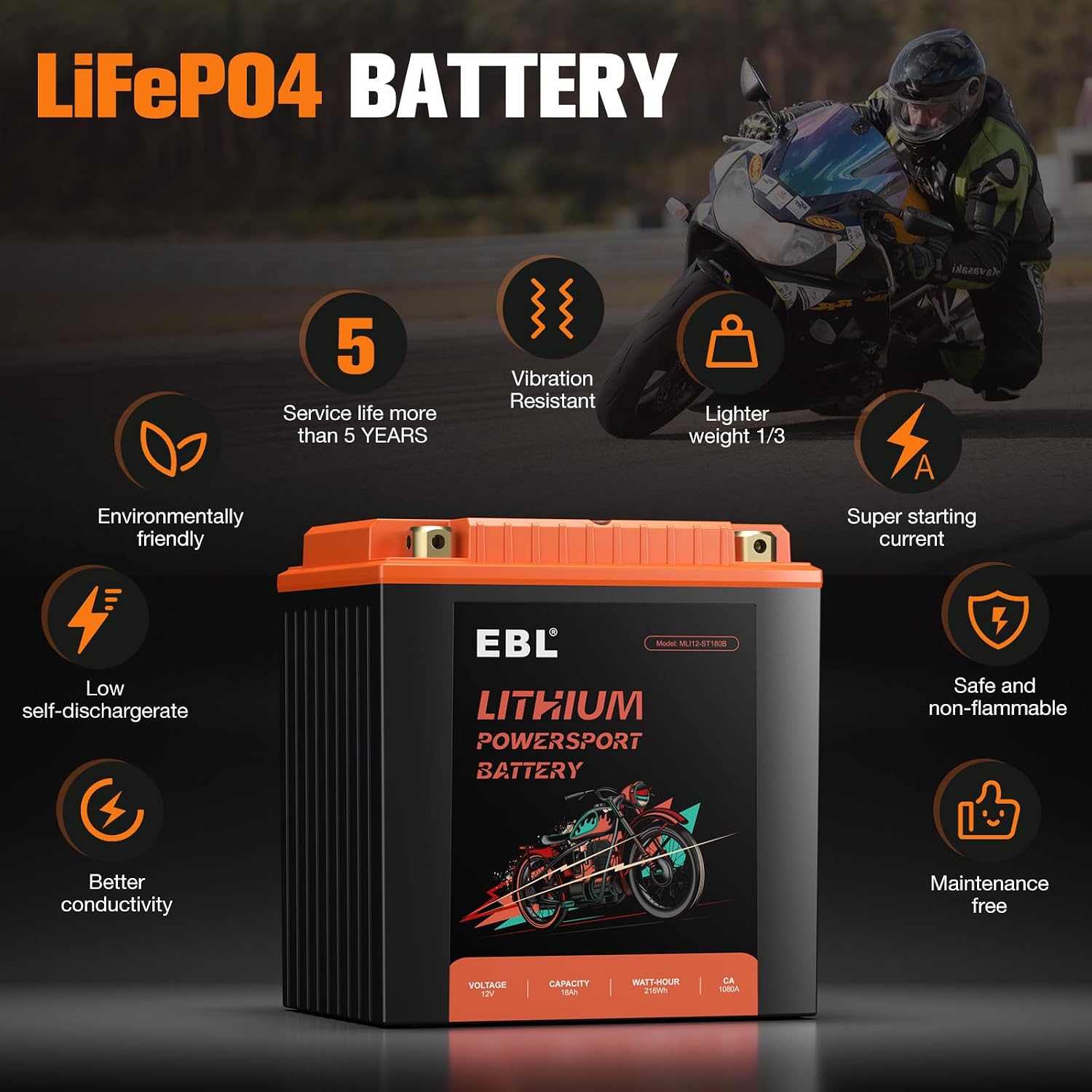 EBL Lithium YTX30L-BS, 540CCA Lithium LiFePO4 Motorcycle Battery, 12V 18Ah ATV, UTV, Jet Ski, 4 Wheeler, Quad, Riding Lawn Mower, Tractor, Scooter, PWC, Seadoo, Polaris and Generator Battery