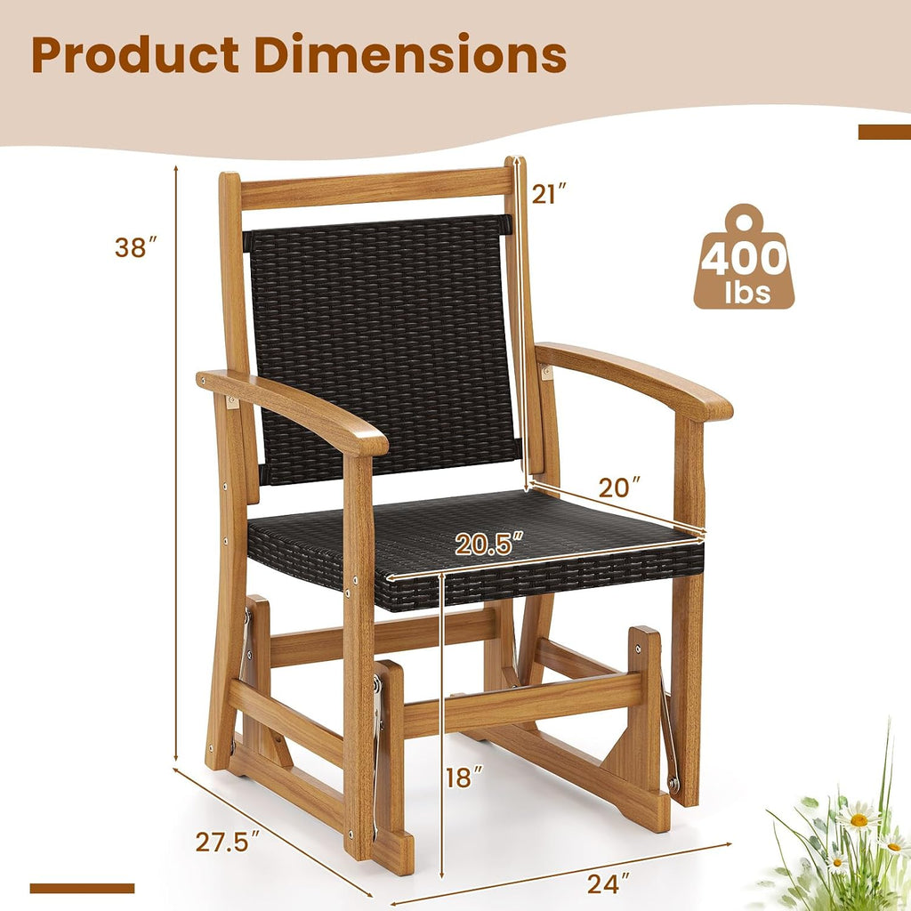Tangkula Patio Rattan Glider Chair, Swing Gliding Rocker w/Acacia Wood Frame & Wicker Seat Back, Outdoor Rocking Armchair w/Curved Armrests for Porch, Backyard, Poolside (1 Seat-2 Pack)