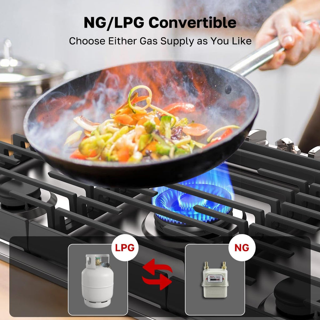 ThermoMate Heavy 36 Inch Gas Cooktop with 5 Italy Sabaf Power Burners, Built In Stove Top of 304 Stainless Steel, Gas Hob NG/LPG Convertible, Cooker with Thermocouple Protection CSA Certified