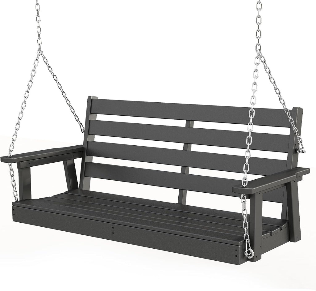 GREENVINES Porch Swing | 51'' | HDPE Plastic | for Outdoor Patio | All Weather | Waterproof Bench Swings | w/ 4 Stainless Steel Chains | Black
