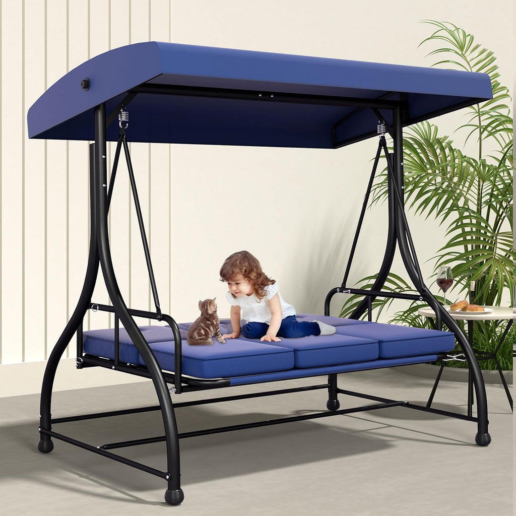 3-Seat Patio Swing Chair Outdoor Heavy Duty Steel Frame with Adjustable Canopy Removable Cushions - All Weather Porch Swings Glider for Backyard, Garden, Poolside - Navy Blue