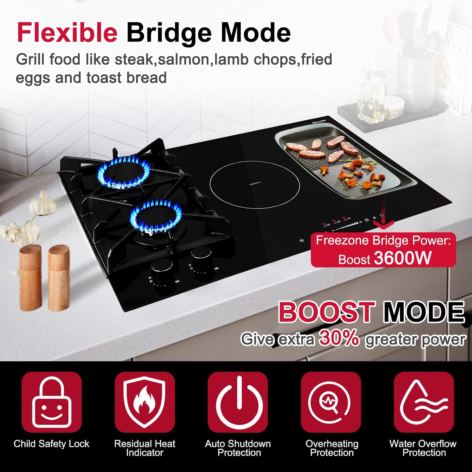 30 Inch Hybrid Gas and Induction Combo Cooktop, Built-in 5 Burners (2 Gas+3 Induction), 12000 BTU Boost, Safety Lock & Grill Bridge Mode, Drop-in Cooktop for Kitchen, 6700W