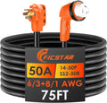 50 Amp RV Extension Cord 75 ft, Heavy Duty 6/3+8/1 SJTW AWG RV Power Cord with Grip Handle Twist Lock, NEMA 14-50P to SS2-50R with LED Indicator