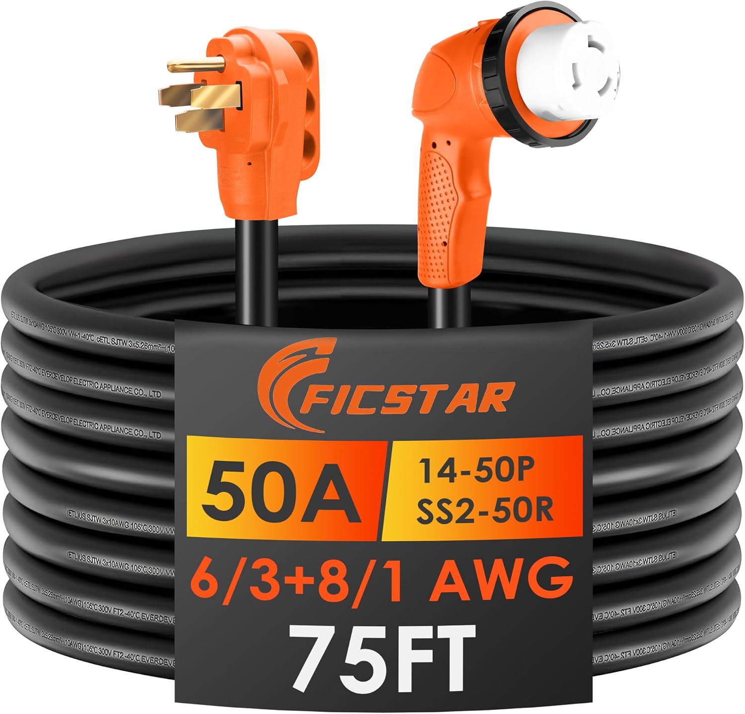 50 Amp RV Extension Cord 75 ft, Heavy Duty 6/3+8/1 SJTW AWG RV Power Cord with Grip Handle Twist Lock, NEMA 14-50P to SS2-50R with LED Indicator