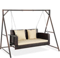 VINGLI Outdoor Wicker Porch Swing With Stand - Heavy Duty 800 LBS Rattan Hanging Set With Cushions, 4FT for Yard, Garden, Lawn, Brown