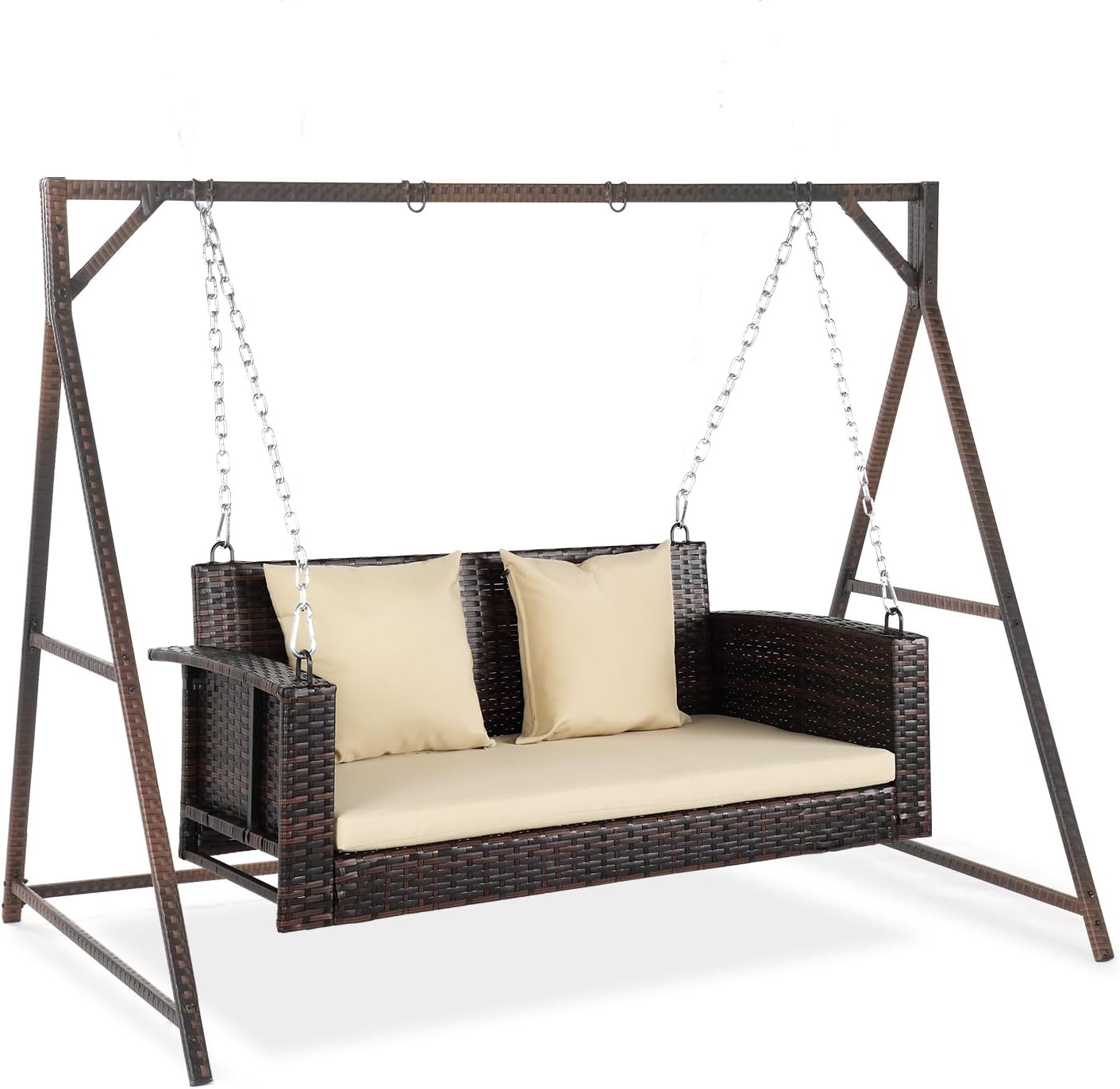 VINGLI Outdoor Wicker Porch Swing With Stand - Heavy Duty 800 LBS Rattan Hanging Set With Cushions, 4FT for Yard, Garden, Lawn, Brown