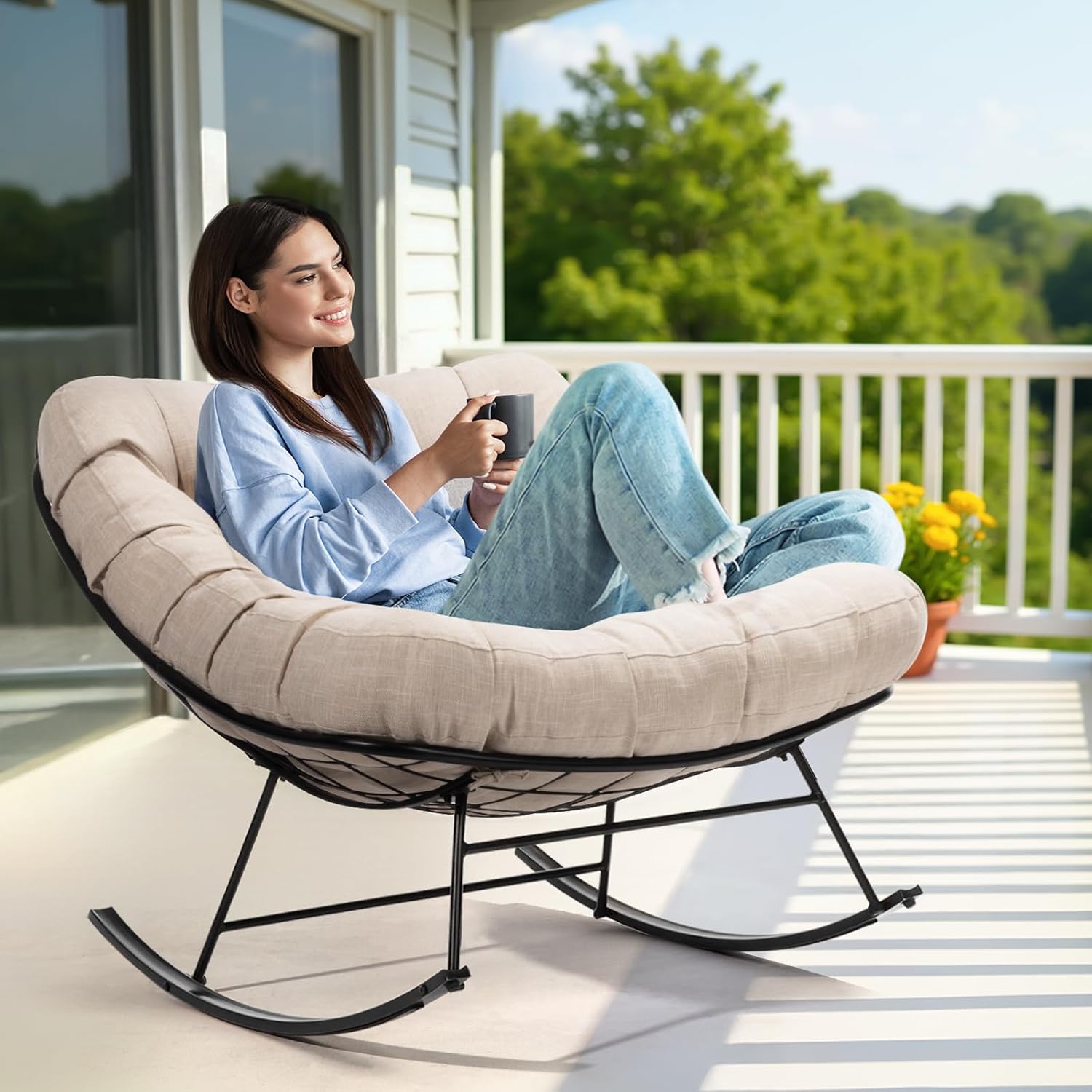 Bme Patio Rocking Chair Outdoor & Indoor with Ottoman, Metal Patio Lounge Rocking Chair with Thick Cushion, Comfy Modern Rocker Chair, Beige Cushion - Black Matte Rocker
