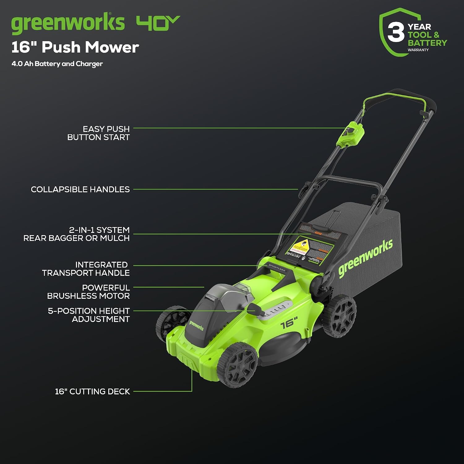 Greenworks 40V 16' Brushless Cordless (Push) Lawn Mower (75+ Compatible Tools), 4.0Ah Battery and Charger Included