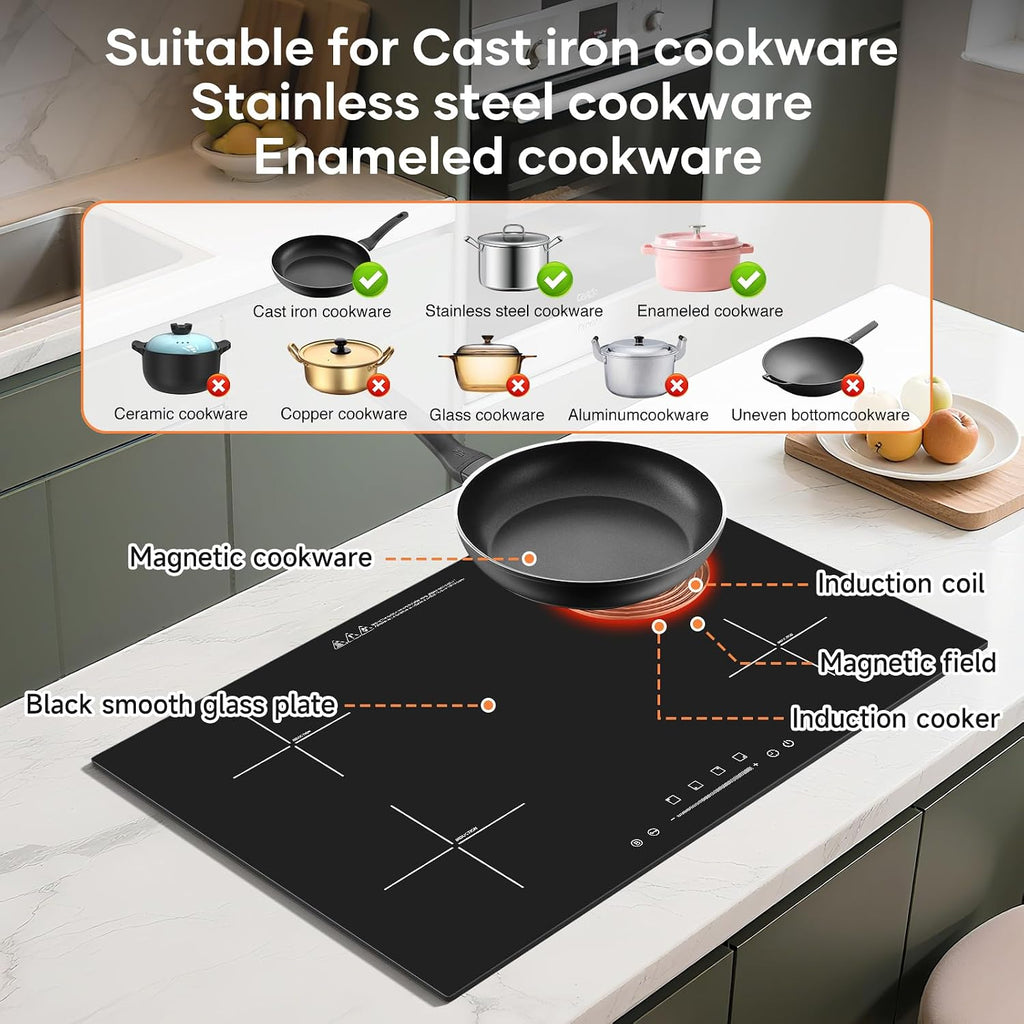 30' 4-Burner Built-in Induction Cooktop 6600W, Countertop Electric Stove with Touch Control, 9 Power Levels, Timer & Child Lock, Easy-Clean Black Glass Surface (220–240 V)