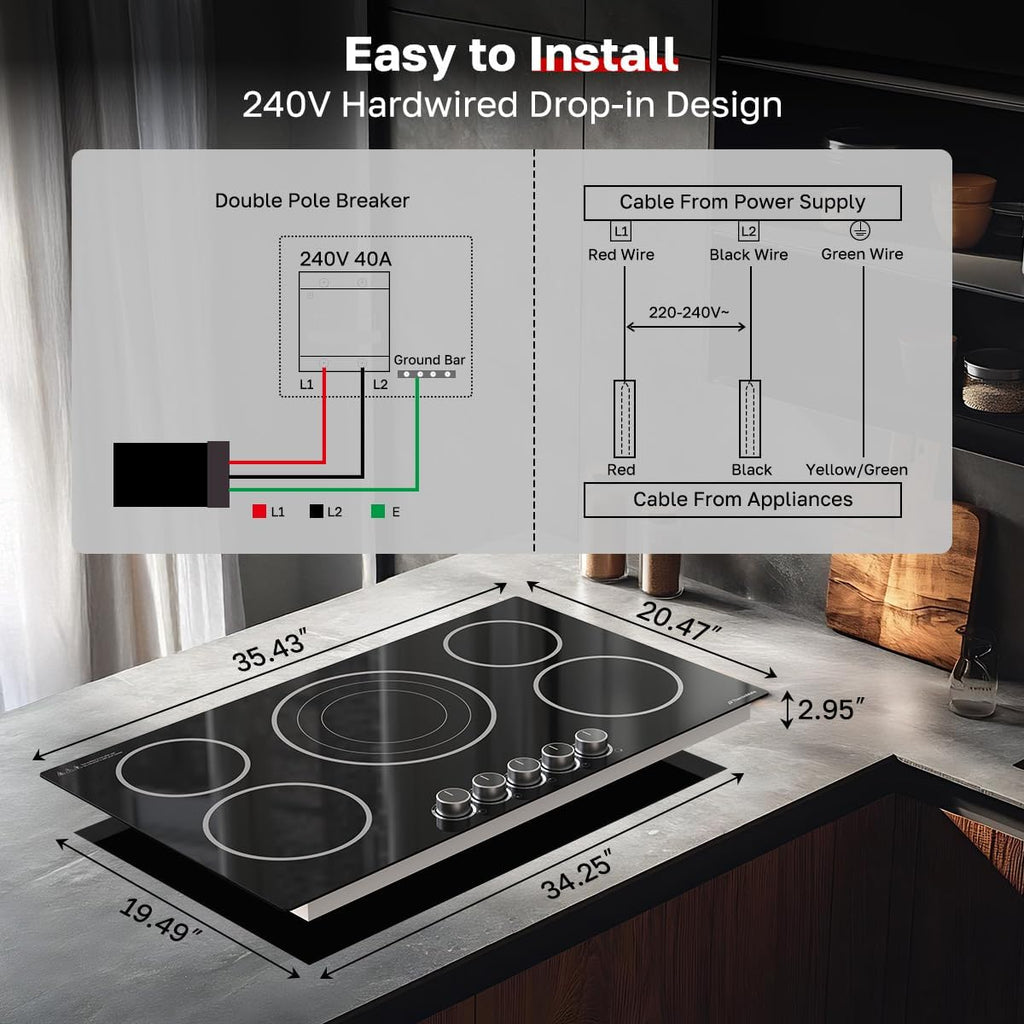 ThermoMate 36 Inch Electric Cooktop, 5 Burners Knob Control Built-in Ceramic Cooktop, 30' Radiant Electric Stove Top of 9000W with 9 Heat Levels, Hot Surface Indicator, 220-240v, Hard Wired