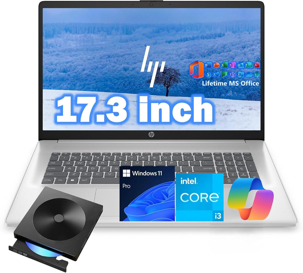 HP 17.3' Laptop Computer, Intel 13th 8-Cores i3-N305 Processor, 32GB RAM, 1TB PCI-E SSD, Windows 11 Pro, Free Lifetime MS Office • Copilot AI, 10-Key Number Pad, External DVD Drive, Natural Silver