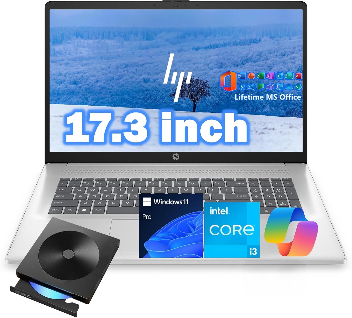 HP 17.3' Laptop Computer, Intel 13th 8-Cores i3-N305 Processor, 32GB RAM, 1TB PCI-E SSD, Windows 11 Pro, Free Lifetime MS Office • Copilot AI, 10-Key Number Pad, External DVD Drive, Natural Silver