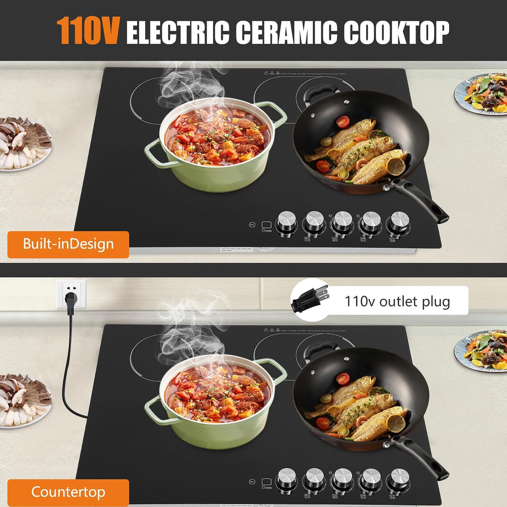 4-Burner Cooktop 110V Electric Stove Top with Independent Knob Child Lock 4 Power Levels Ceramic Cooktop for Kitchens, No Plug (30Inch)