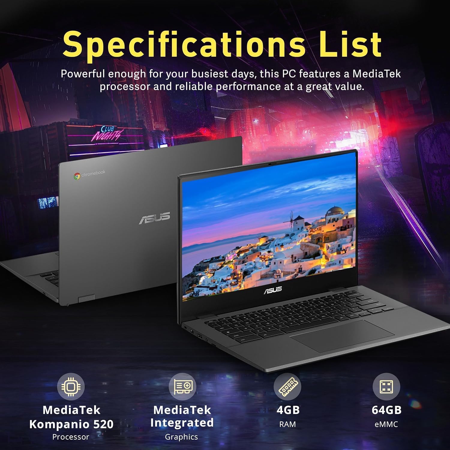 ASUS-Chromebook Laptop-Google Chrome - 8Core MediaTek Kompanio 520-14 inch FHD Display - 4GB RAM - 192GB Storage - USB C - Wi-Fi 6 - Long Battery Life - Student - 2024