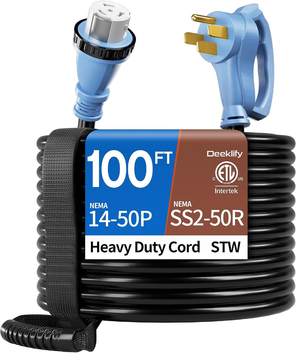 100FT 40 Amp Generator Cord, NEMA 14-50P/SS2-50R Heavy-Duty 4 Conductors Cable, Pure Copper STW RV Extension Cord, Female Plug with Twist Lock, Suitable for RV or Camper, ETL Listed