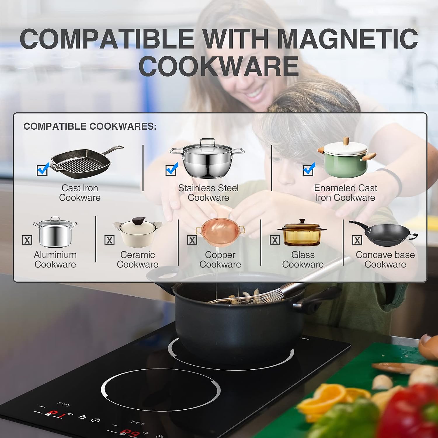 12' Induction Cooktop, Double Induction Cooktop 2 Burner 110v-120v Electric Stove Top, Countertop and Built-in, 9 Power Levels, Child Lock, 120 Mins Timer