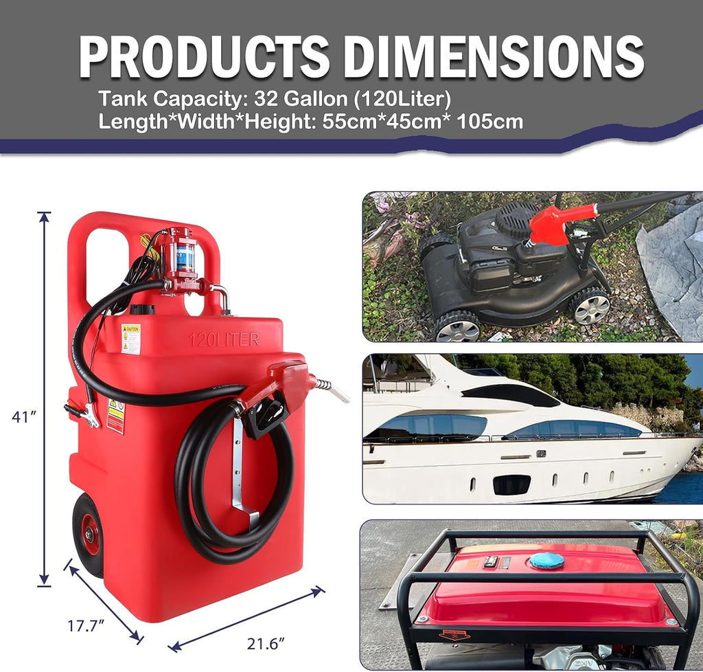 32 Gallon Fuel Caddy, Fuel Transfer Tank, Portable Gasoline Caddy Diesel Caddy with 12GPM Electric Pump for Cars, Motorcycles, Boats, Lawn Mowers, Snowblowers, Auto Fueling Nozzle